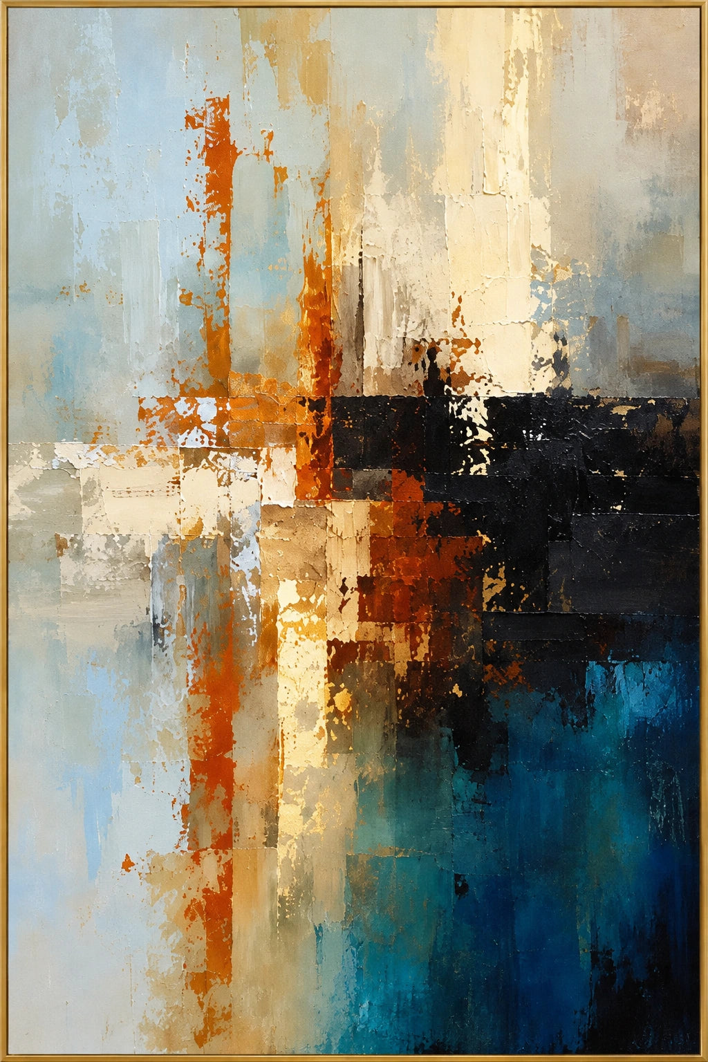 Rust Against Aqua | Hand-Painted Abstract Oil Painting | Complete artwork front view with narrow champagne gold fine frame