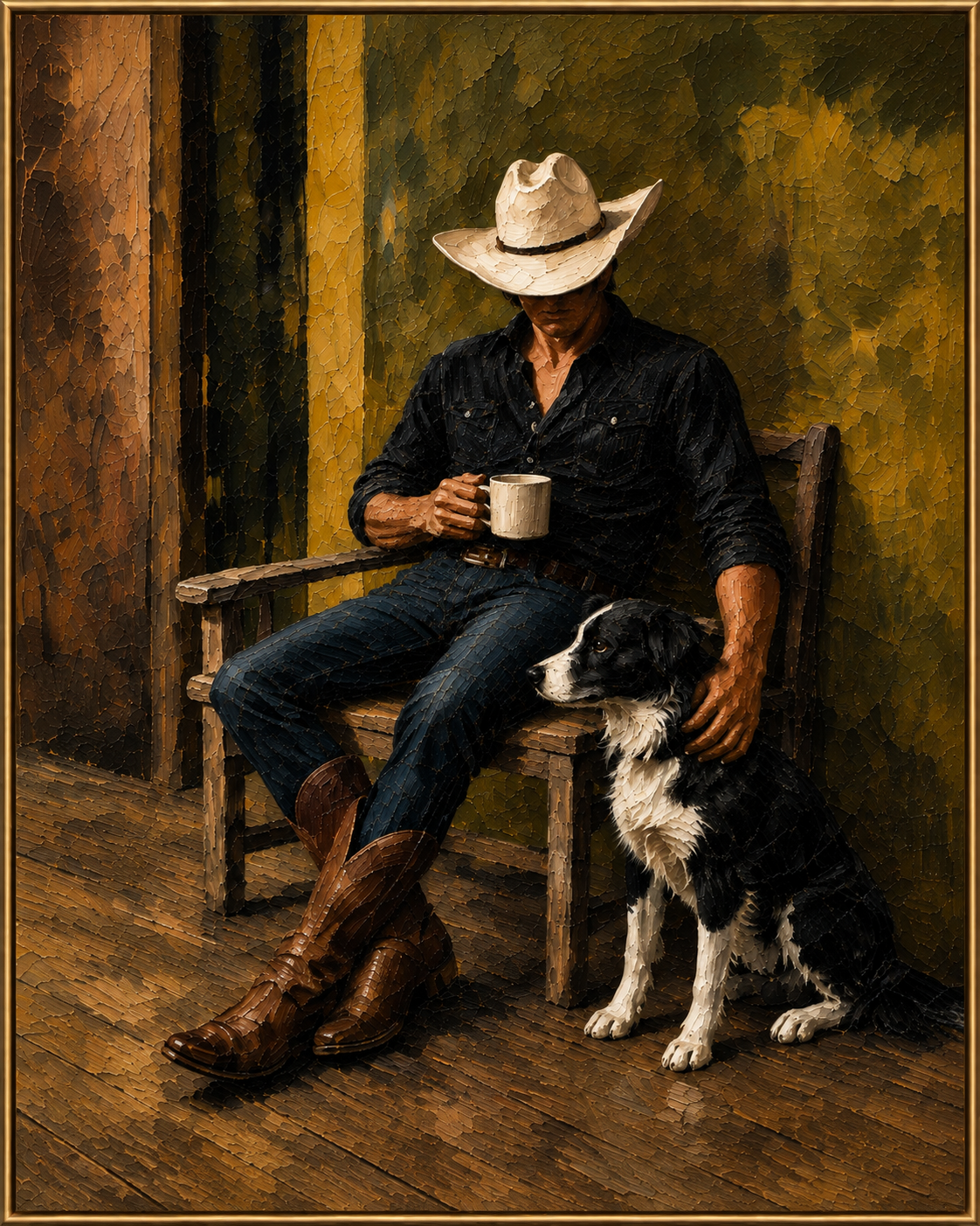 Cowboy Companion | Hand-Painted Cowboy and Dog Oil Painting | Complete painting, narrow champagne bronze-gold frame, front view