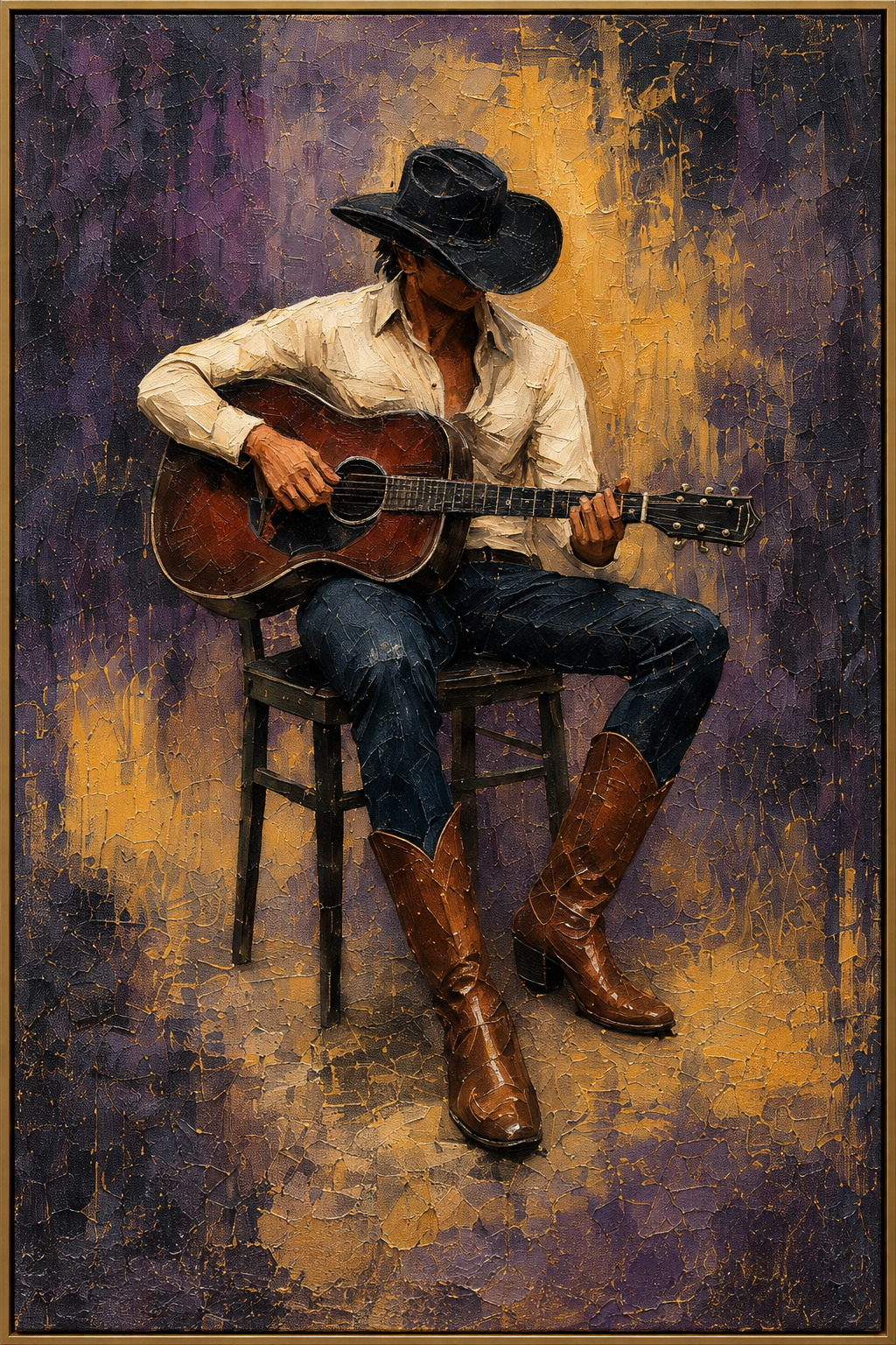 Cowboy's Song | Hand-Painted Cowboy Playing Guitar Oil Painting | Complete painting, narrow champagne bronze-gold frame, front view