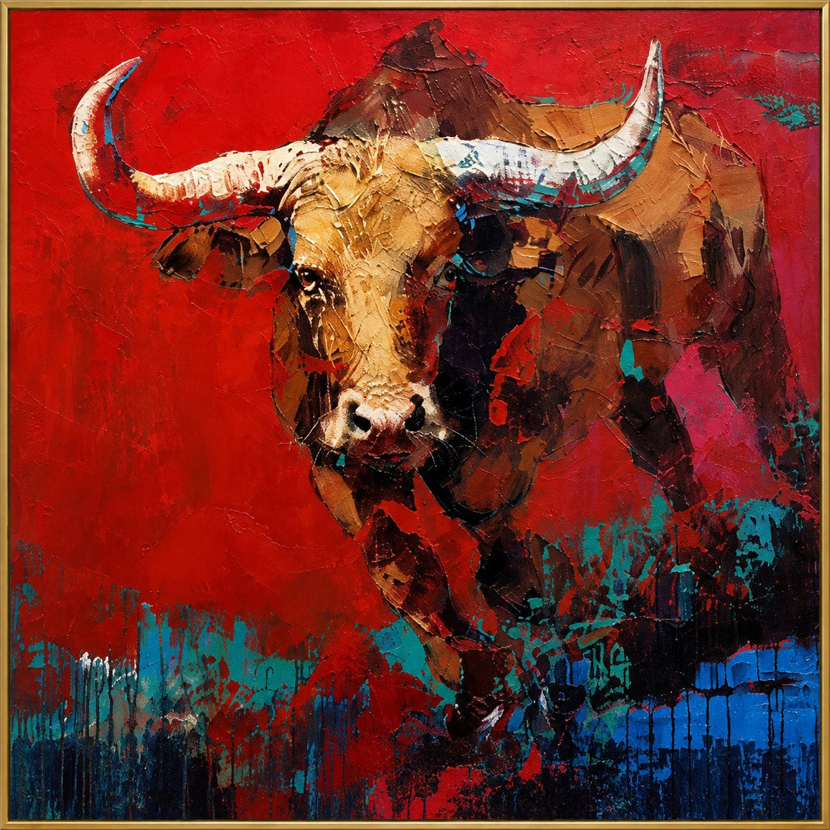 Crimson Longhorn | Hand-Painted Longhorn Portrait Oil Painting | Complete artwork front view with narrow champagne gold fine frame