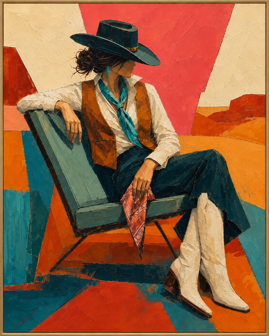 Between Rides | Hand-Painted Seated Cowgirl Oil Painting | Complete painting, narrow champagne bronze-gold frame, front view