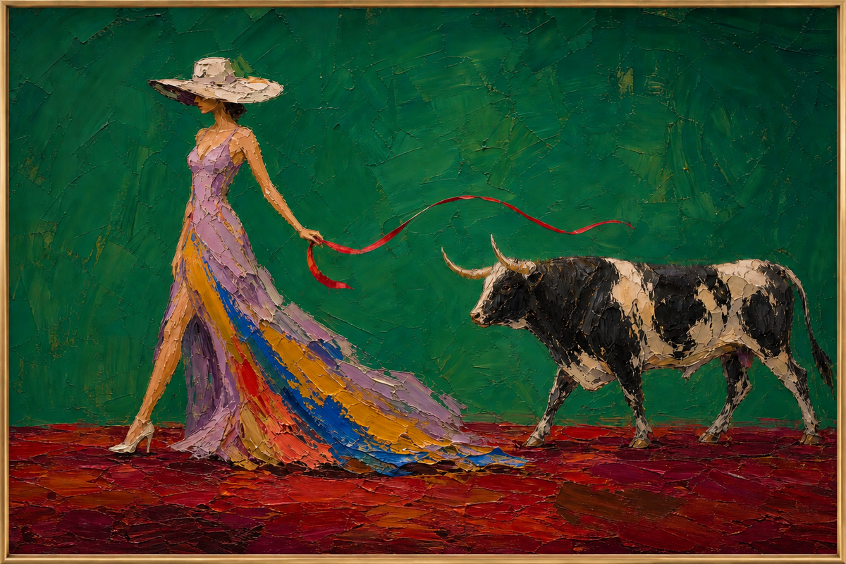 Crimson Walk | Hand-Painted Figurative Oil Painting | Complete painting in a narrow champagne bronze-gold frame, front view