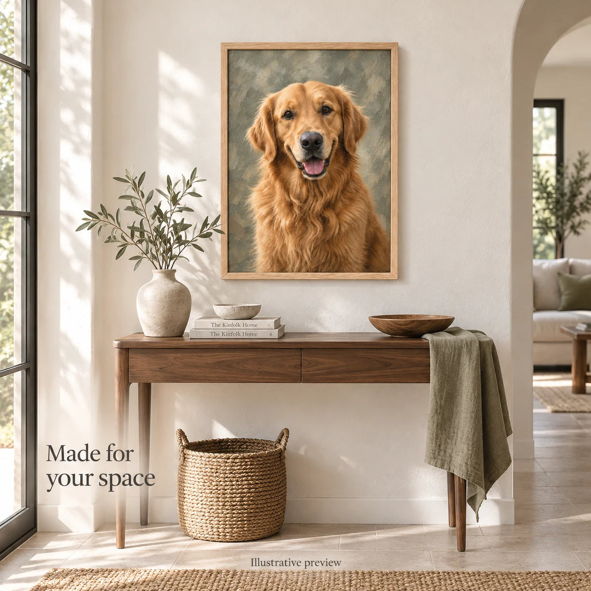 Illustrative styling preview of a custom pet oil portrait above an entryway console