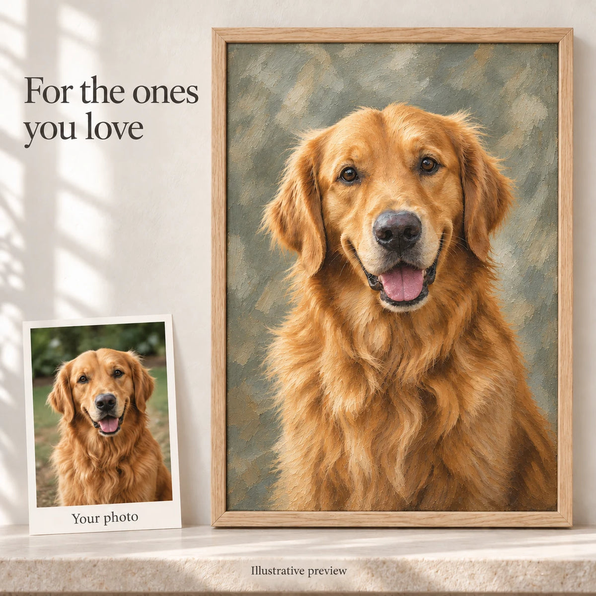 Illustrative preview of a golden retriever oil painting with visible brushwork, with its reference photograph