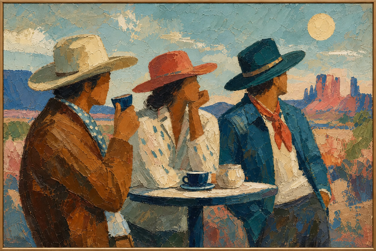 Evening Table | Hand-Painted Western Gathering Oil Painting | Complete painting, narrow champagne bronze-gold frame, front view