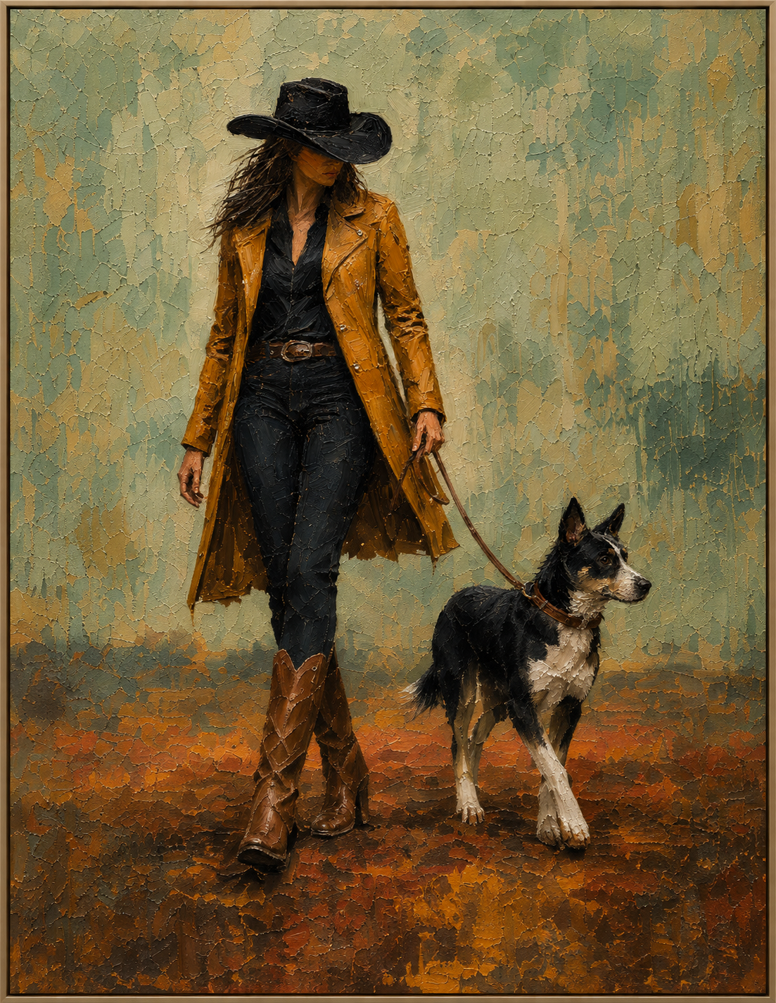 Walking Home | Hand-Painted Western Oil Painting | Complete painting, narrow champagne bronze-gold frame, front view