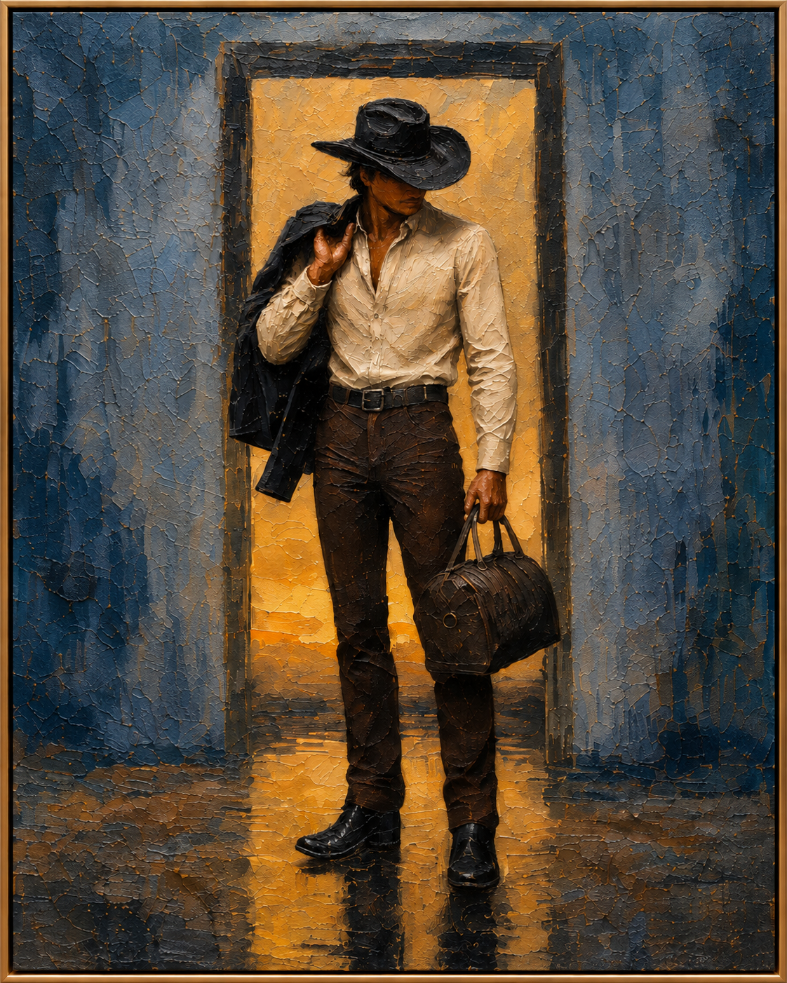 Doorway Figure | Hand-Painted Western Figure Oil Painting | Complete painting, narrow champagne bronze-gold frame, front view