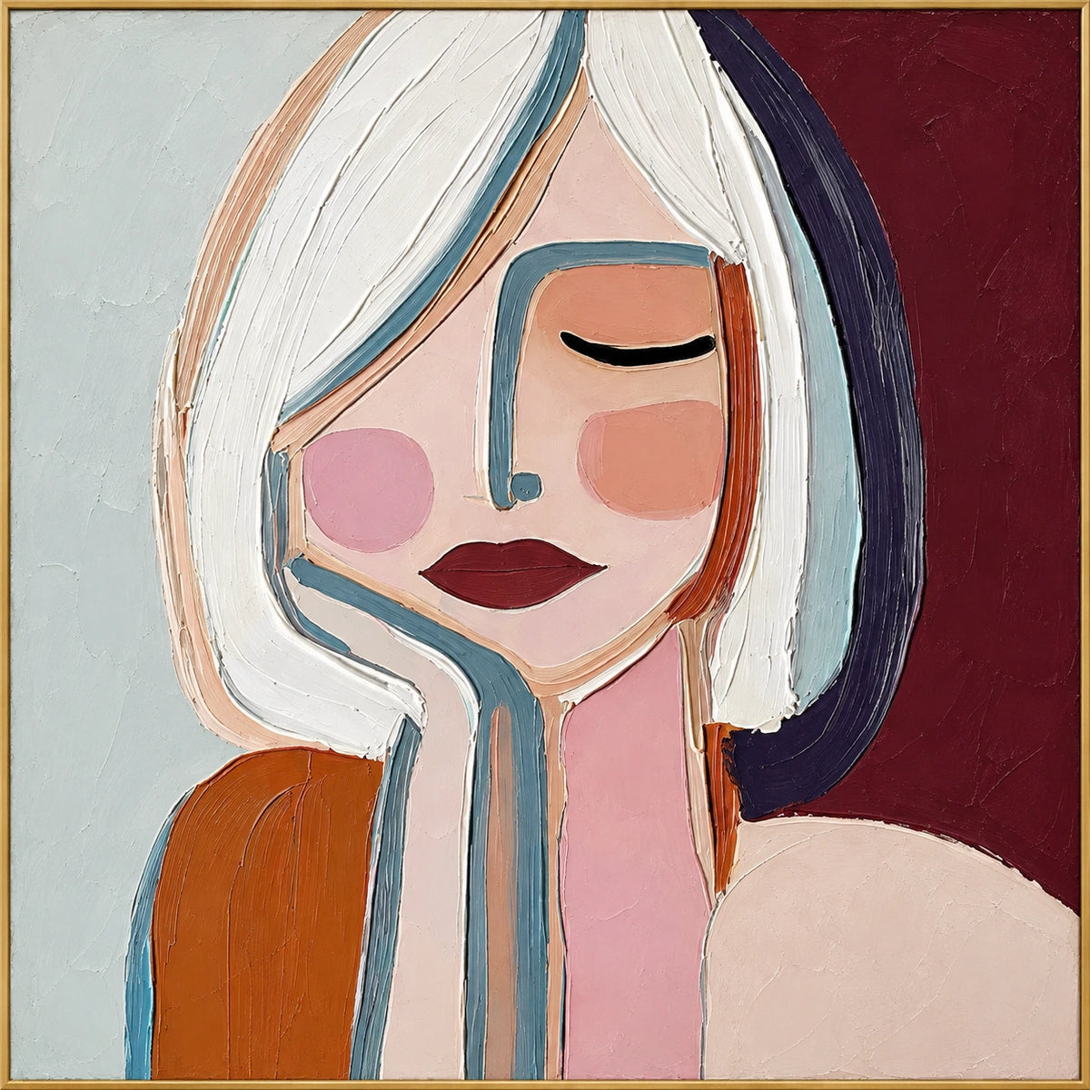 Blush and Blue | Hand-Painted Figurative Oil Painting | Complete artwork front view with narrow champagne gold fine frame