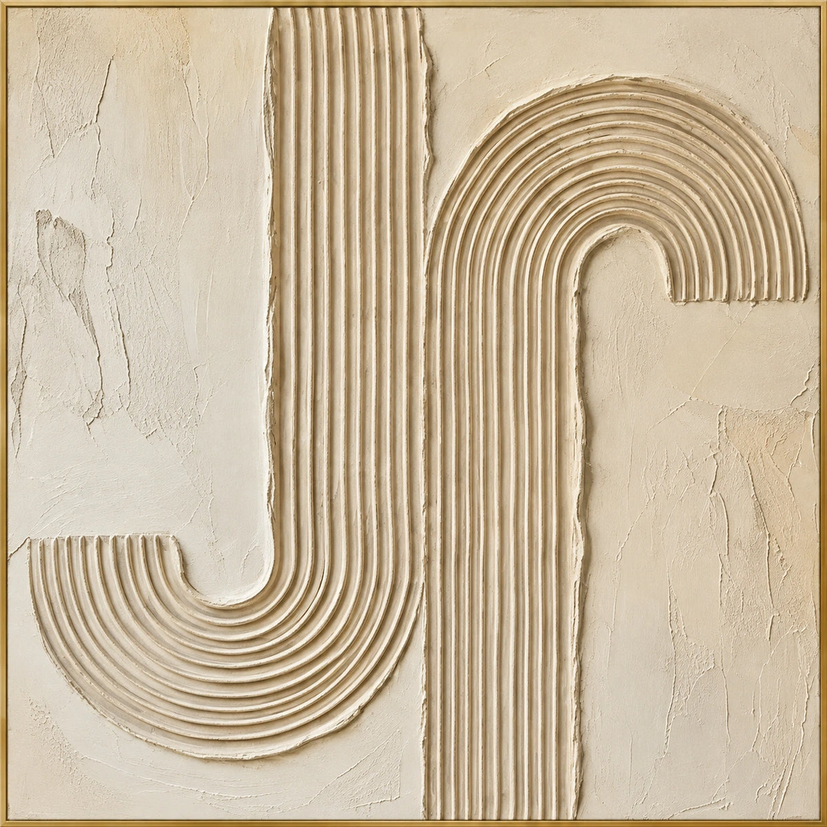 Interlocking Grooves | Hand-Painted Abstract Oil Painting | Complete artwork front view with narrow champagne gold fine frame