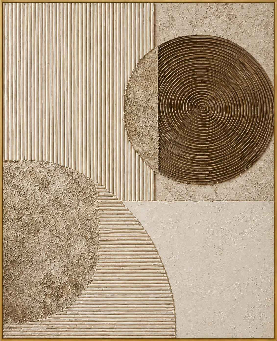 Orbit in Sand | Hand-Painted Abstract Oil Painting | Complete artwork front view with narrow champagne gold fine frame