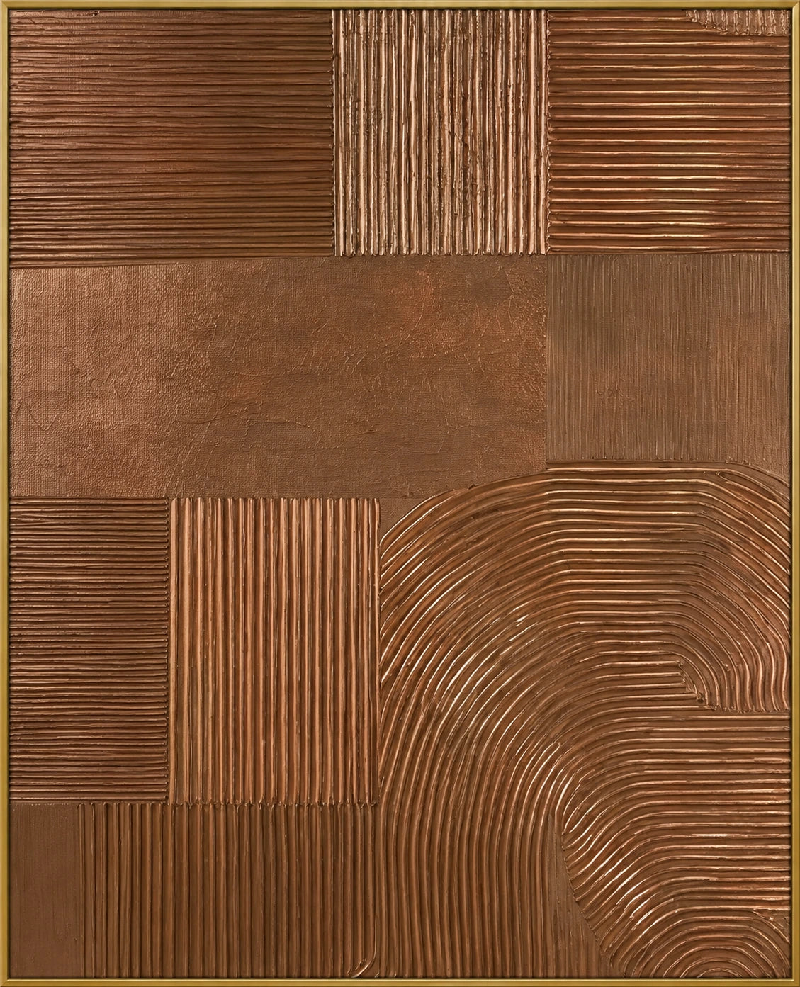 Terracotta Blocks | Hand-Painted Abstract Oil Painting | Complete artwork front view with narrow champagne gold fine frame