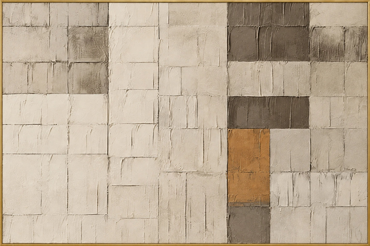Linen Grid | Hand-Painted Abstract Oil Painting | Complete artwork front view with narrow champagne gold fine frame