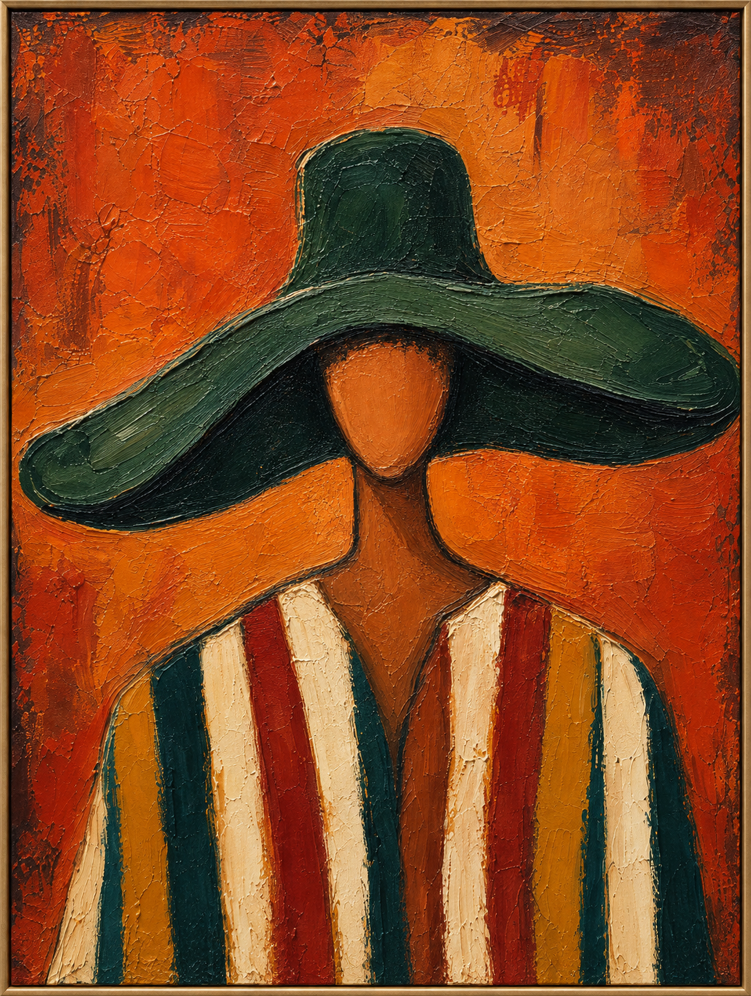 Emerald Brim | Hand-Painted Figurative Oil Painting | Complete painting, narrow champagne bronze-gold frame, front view