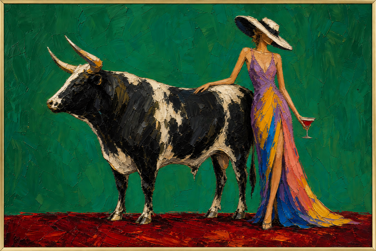 Emerald Encounter | Hand-Painted Woman and Bull Oil Painting | Complete painting in a narrow champagne bronze-gold frame, front view