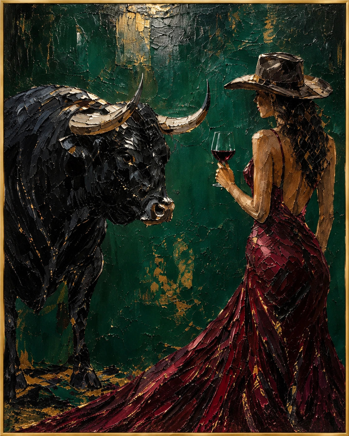 Scarlet Encounter | Hand-Painted Woman and Bull Oil Painting | Complete artwork front view with narrow champagne gold fine frame