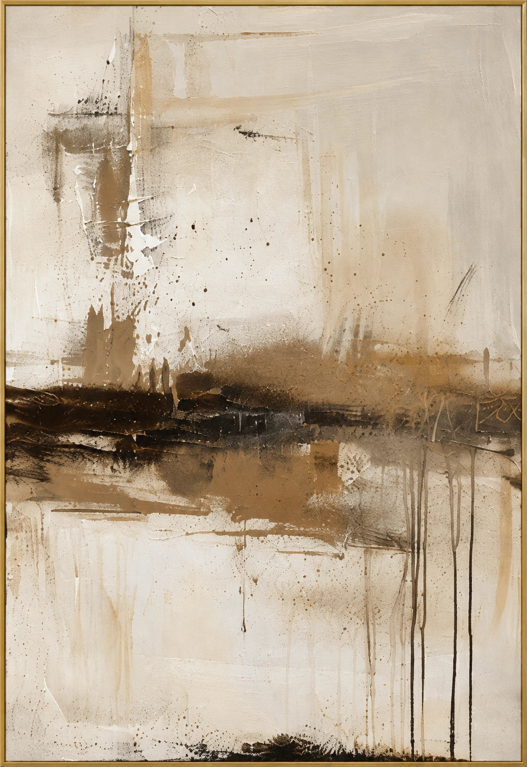 Faded Horizon | Hand-Painted Abstract Landscape Oil Painting | Complete artwork front view with narrow champagne gold fine frame