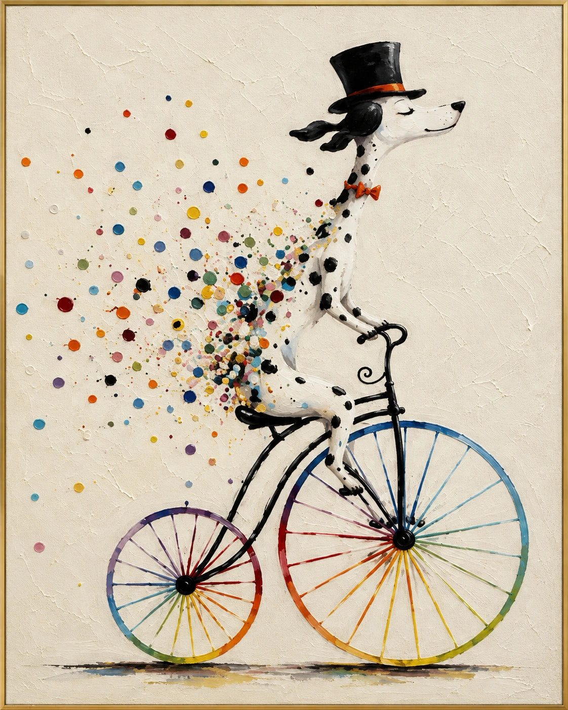 Wheels and Wings | Hand-Painted Animal Oil Painting | Complete artwork front view with narrow champagne gold fine frame