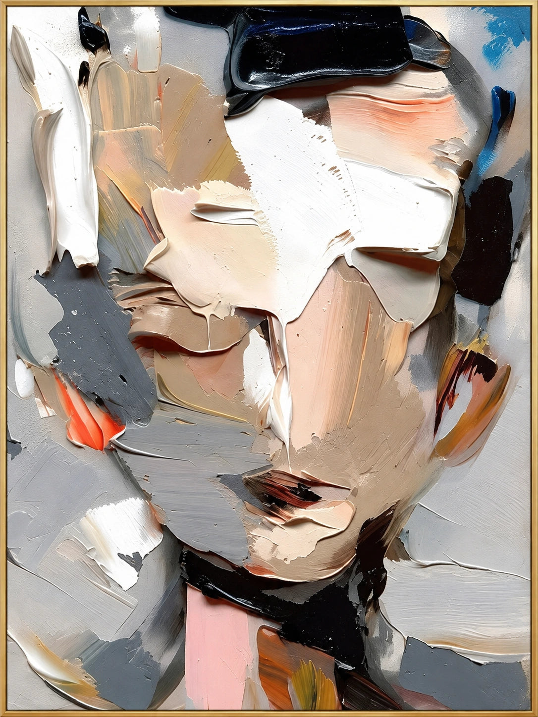 Fragmented Gaze | Hand-Painted Figurative Oil Painting | Complete artwork front view with narrow champagne gold fine frame