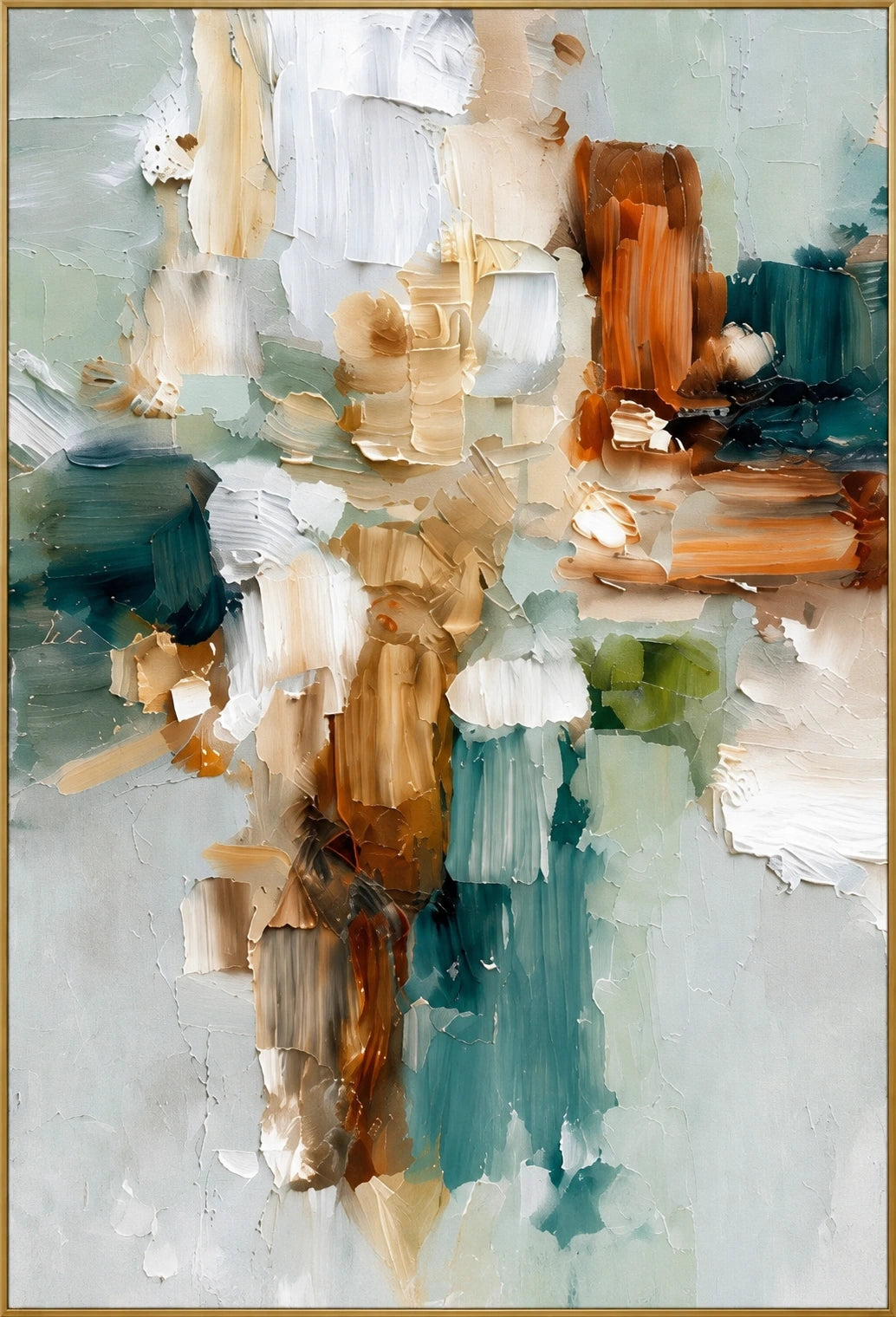 Fragmented Light | Hand-Painted Abstract Oil Painting | Complete artwork front view with narrow champagne gold fine frame