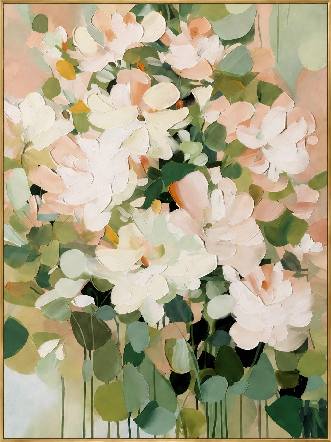 Sage Blossoms | Hand-Painted Floral Oil Painting | Complete artwork front view with narrow champagne gold fine frame
