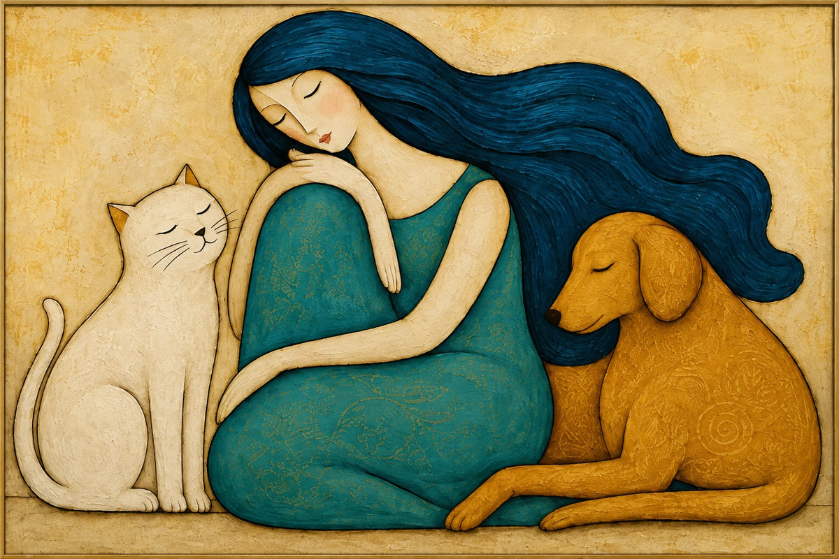 Gentle Kinship | Hand-Painted Figurative Oil Painting | Complete artwork front view with narrow champagne gold fine frame