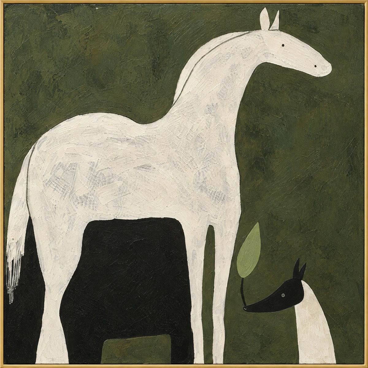 Gentle Watch | Hand-Painted Two Horses Oil Painting | Complete artwork front view with narrow champagne gold fine frame