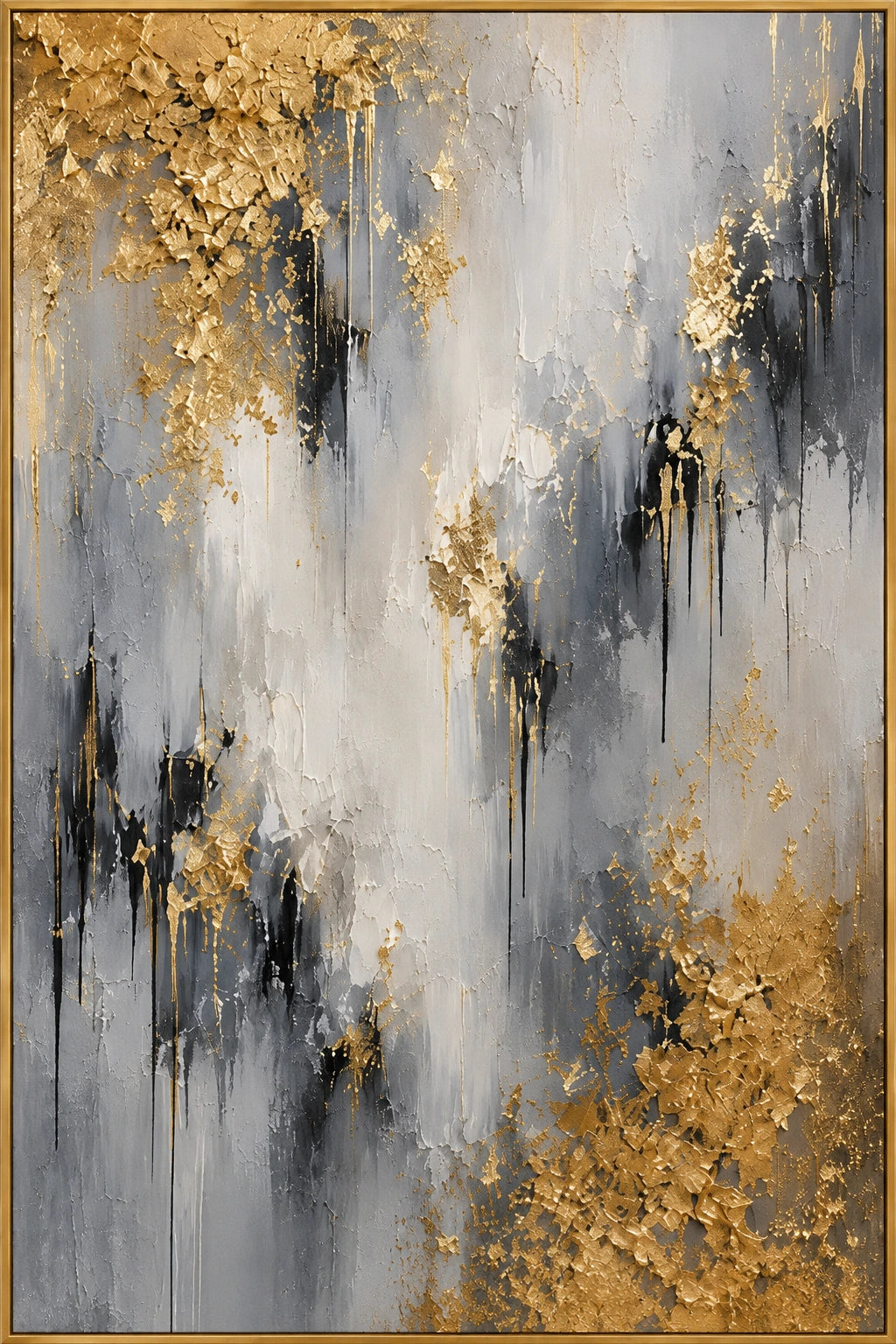 Gilded Ash | Hand-Painted Abstract Oil Painting | Complete artwork front view with narrow champagne gold fine frame