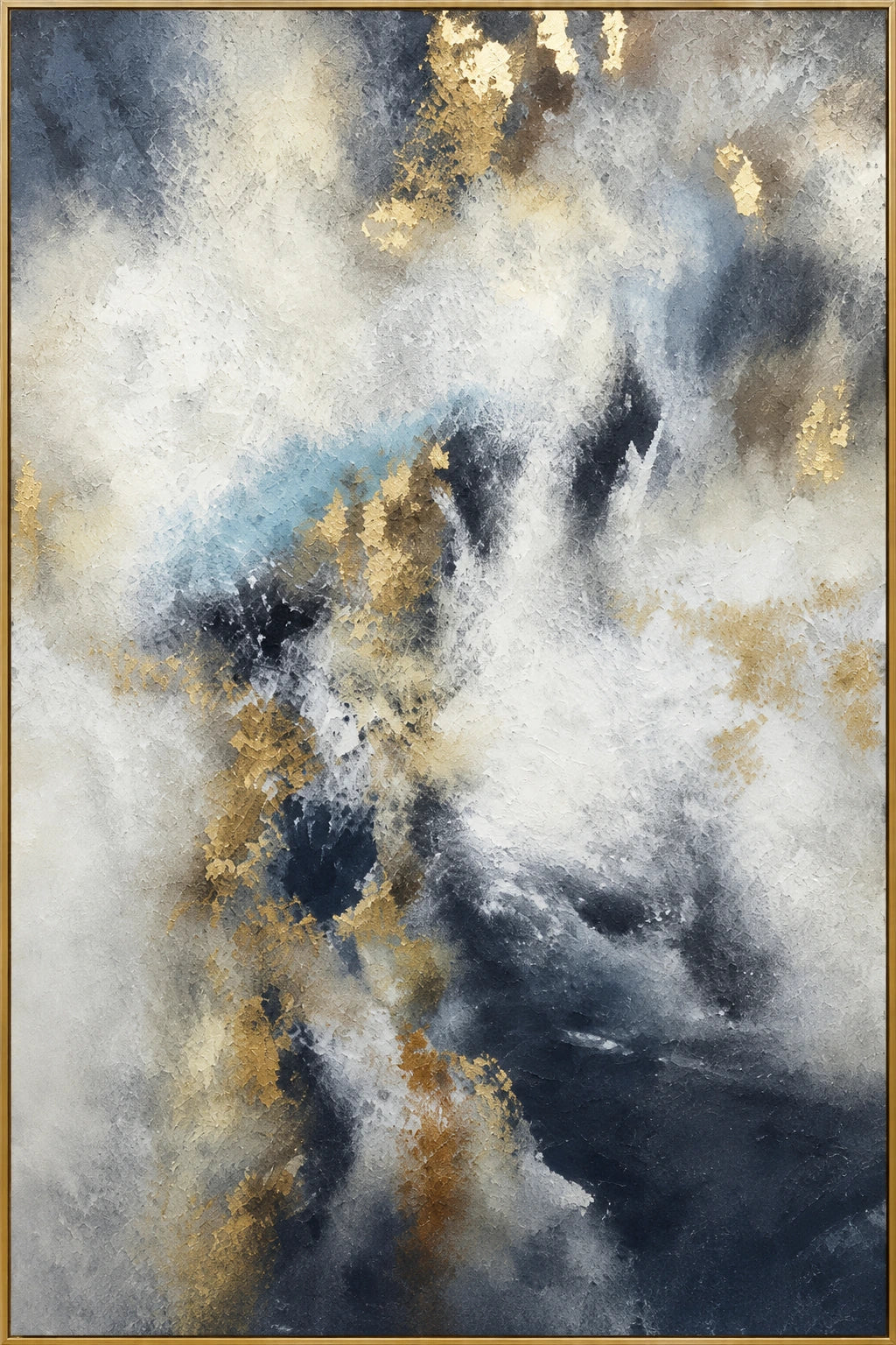 Gilded Fog | Hand-Painted Abstract Oil Painting | Complete artwork front view with narrow champagne gold fine frame