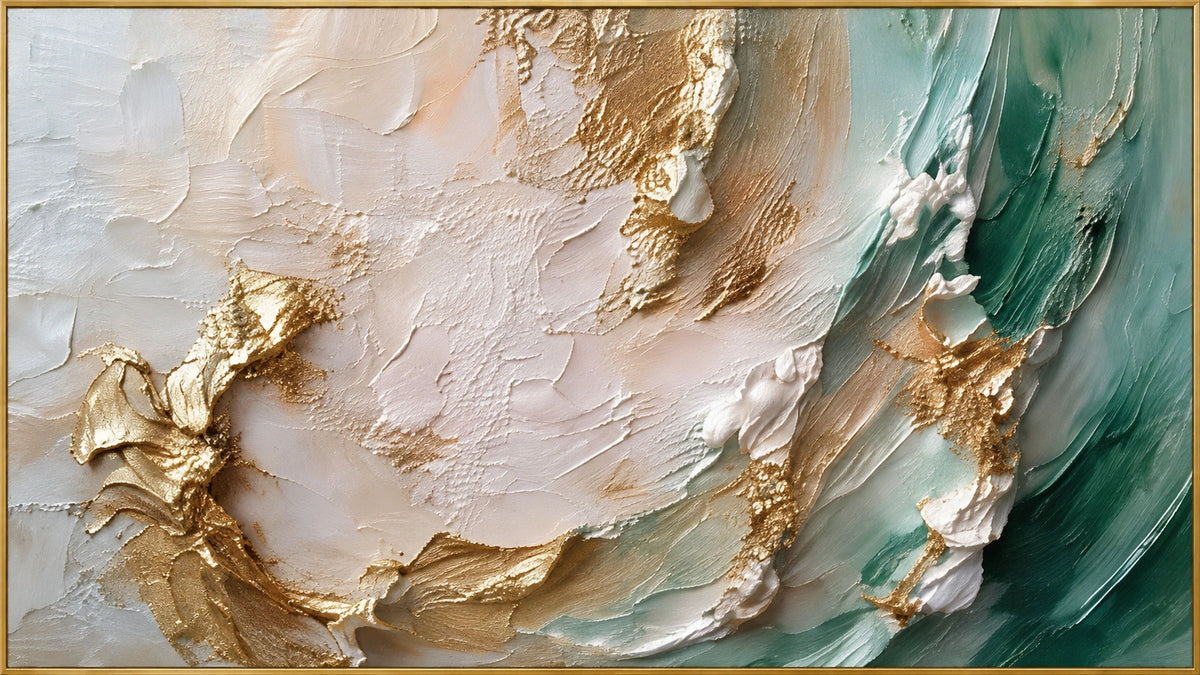 Teal Radiance | Hand-Painted Abstract Oil Painting | Complete artwork front view with narrow champagne gold fine frame