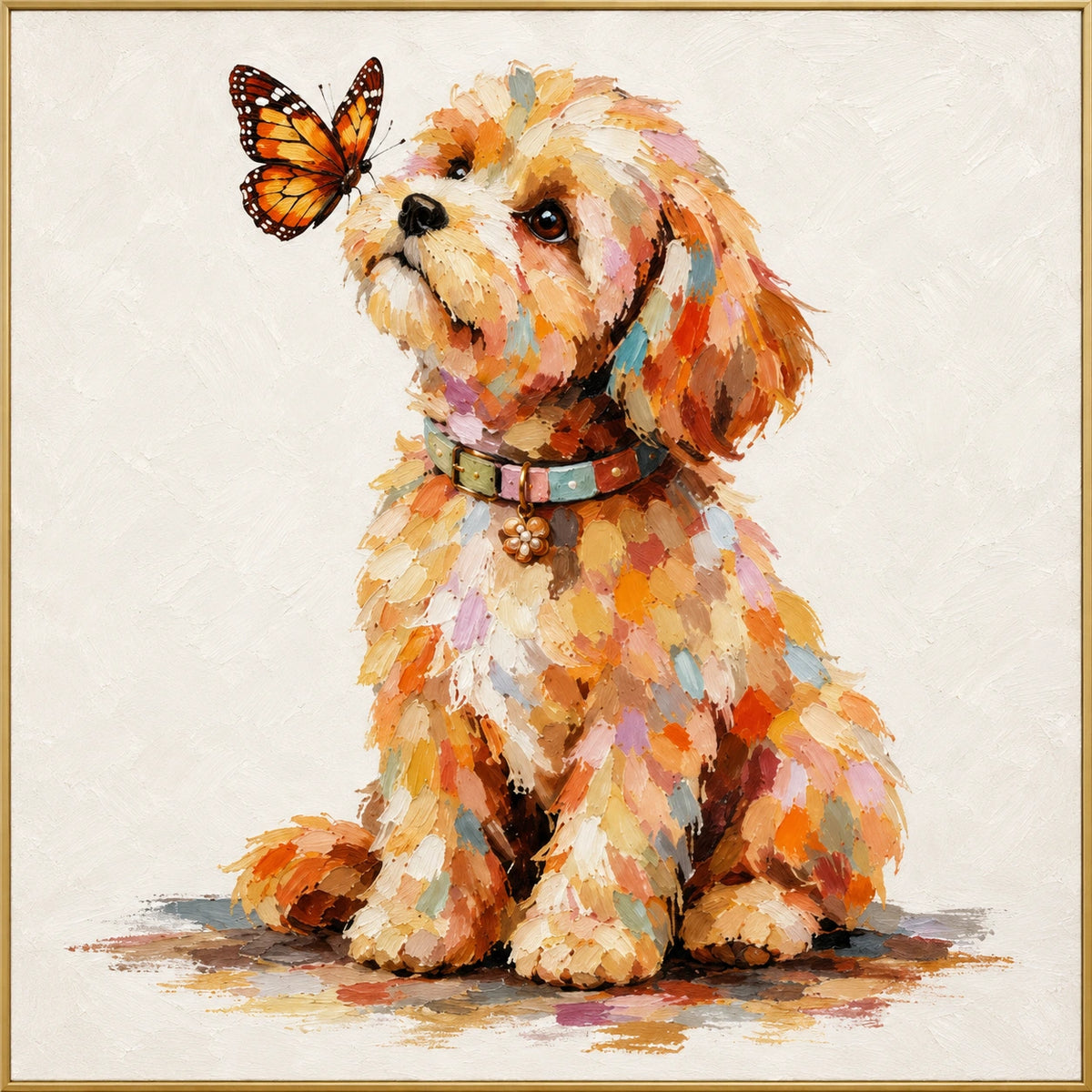 Dog and Butterfly | Hand-Painted Pet Portrait Oil Painting | Complete artwork front view with narrow champagne gold fine frame