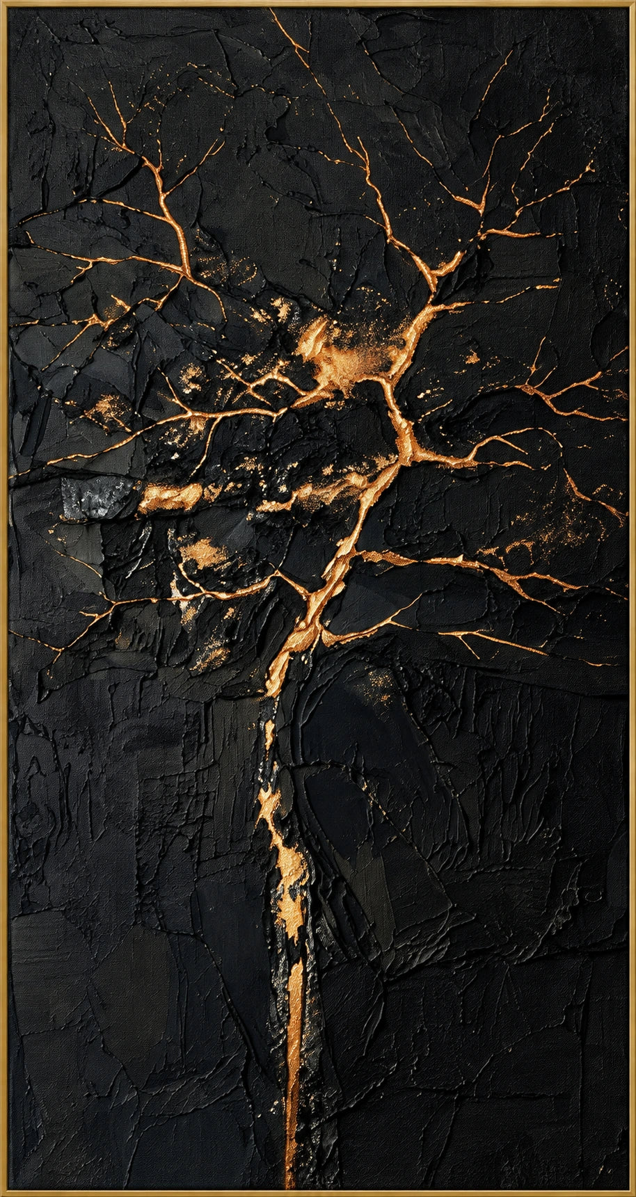 Golden Fracture | Hand-Painted Abstract Oil Painting | Complete artwork front view with narrow champagne gold fine frame