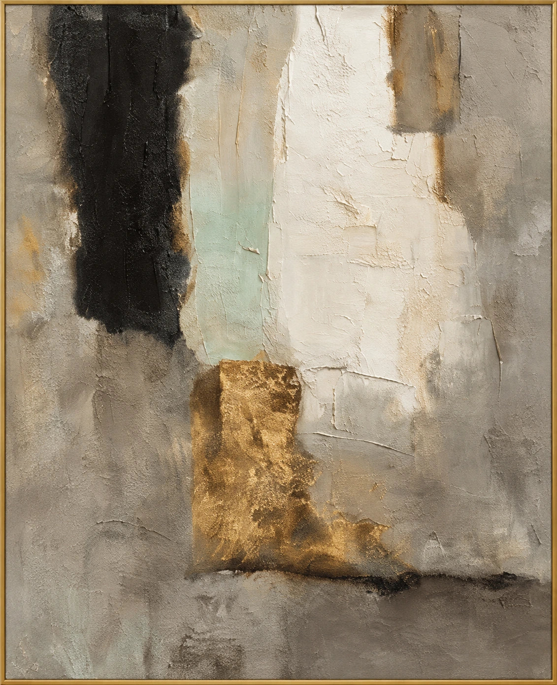 Golden Fragment | Hand-Painted Abstract Oil Painting | Complete artwork front view with narrow champagne gold fine frame