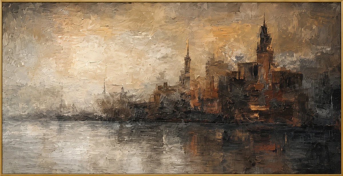 Harbor in Haze | Hand-Painted Coastal Landscape Oil Painting | Complete artwork front view with narrow champagne gold fine frame