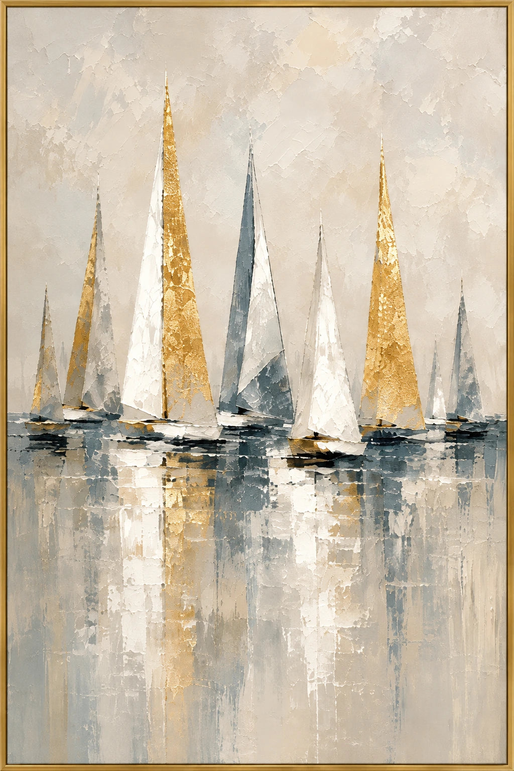 Harbor Sails | Hand-Painted Seascape Oil Painting | Complete artwork front view with narrow champagne gold fine frame