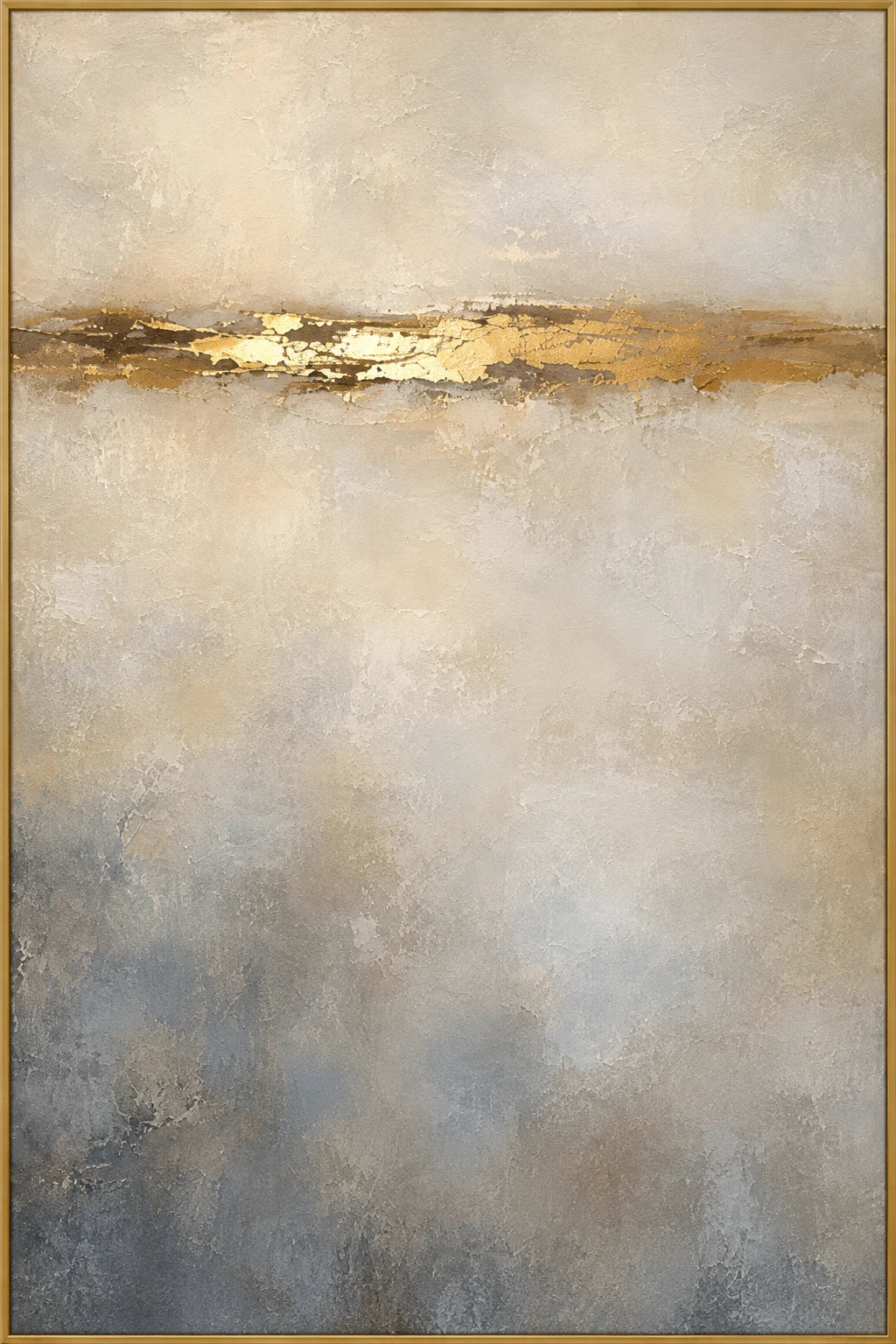 Line of Gold | Hand-Painted Abstract Oil Painting | Complete artwork front view with narrow champagne gold fine frame