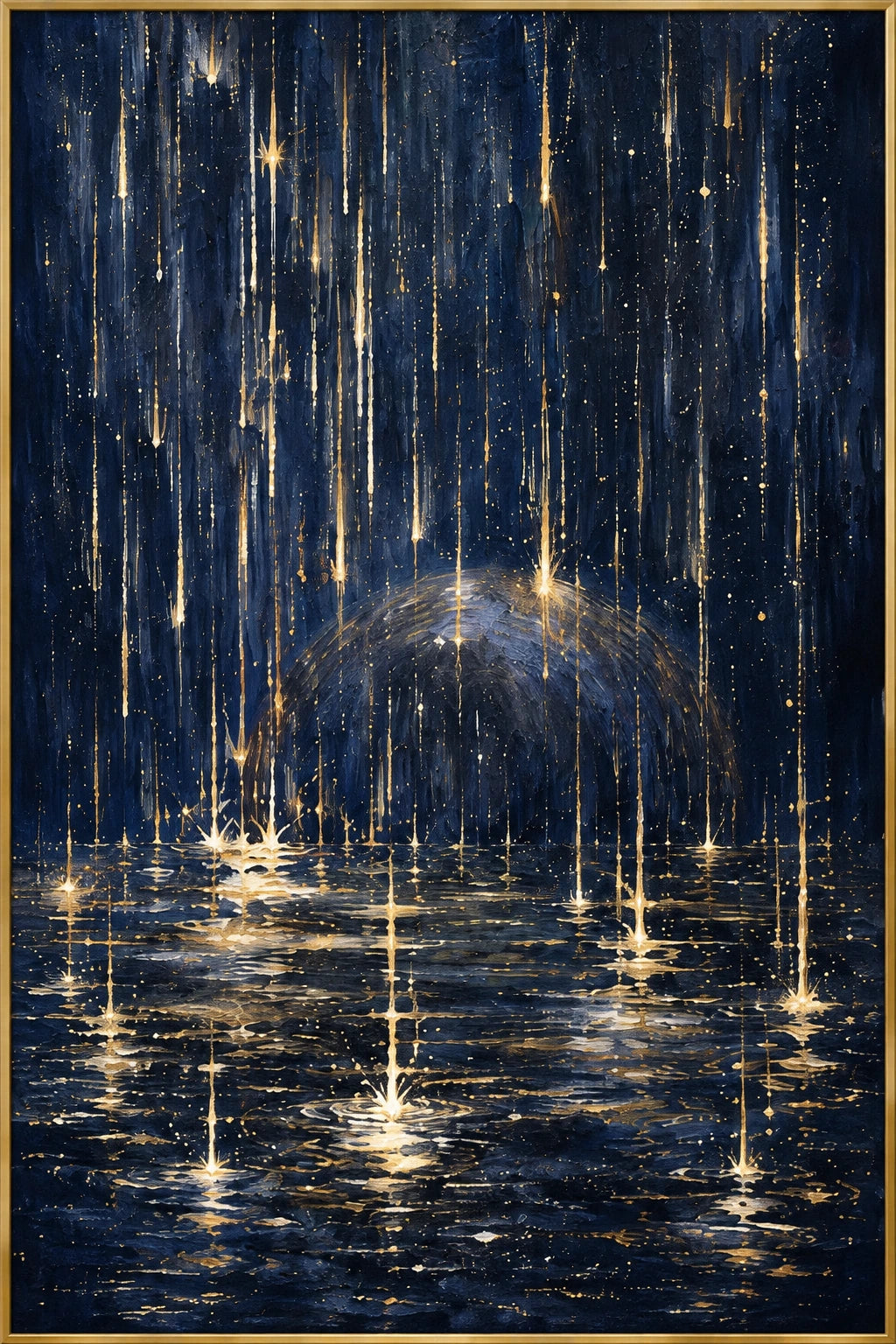 Midnight Rainfall | Hand-Painted Abstract Oil Painting | Complete artwork front view with narrow champagne gold fine frame