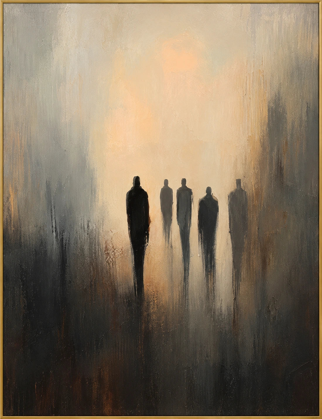 Into the Haze | Hand-Painted Figurative Oil Painting | Complete artwork front view with narrow champagne gold fine frame