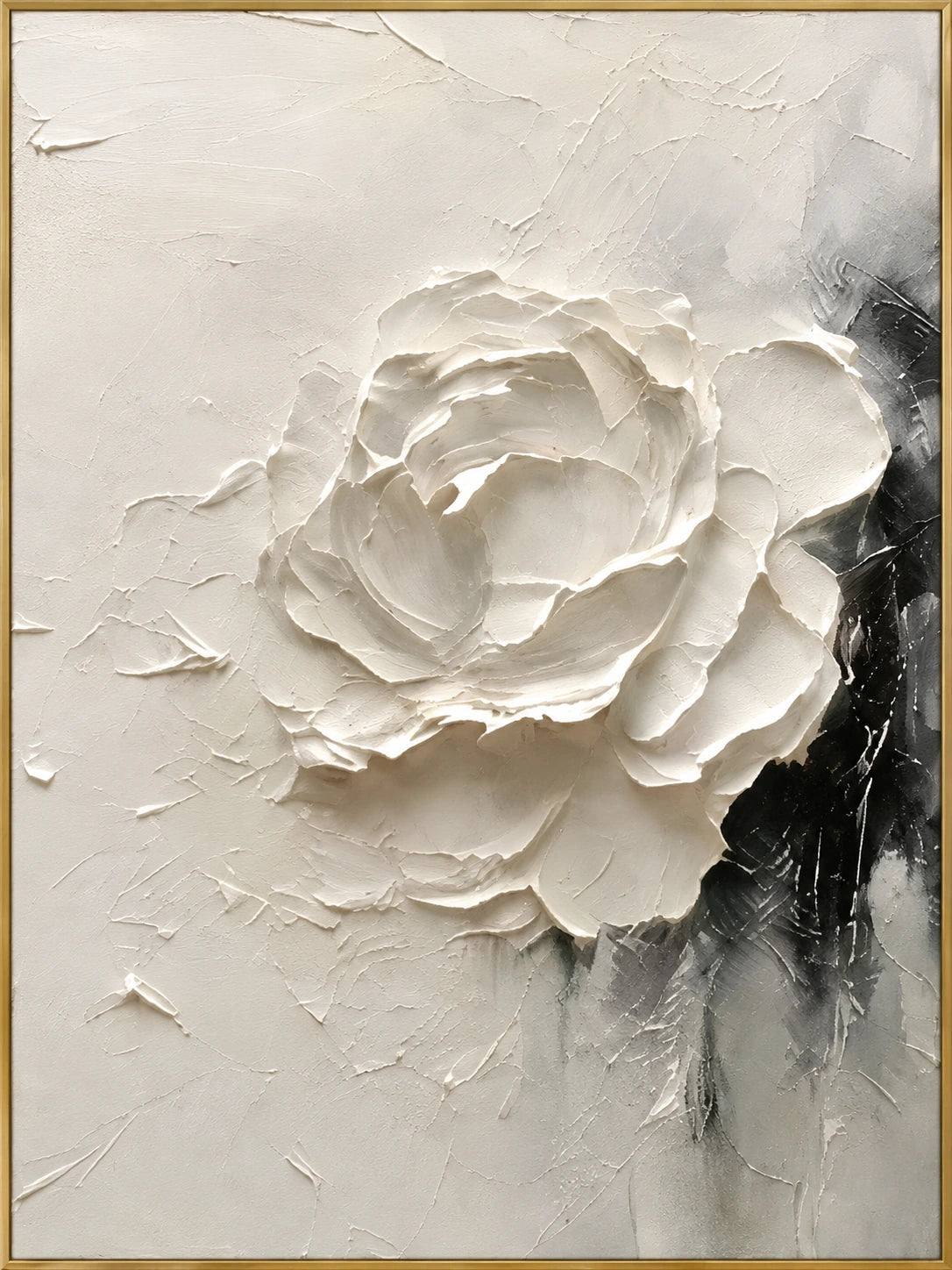 Ivory Bloom | Hand-Painted Floral Oil Painting | Complete artwork front view with narrow champagne gold fine frame
