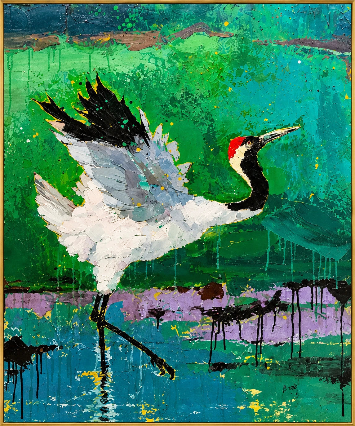 White Crane Reverie | Hand-Painted Wildlife Oil Painting | Complete artwork front view with narrow champagne gold fine frame
