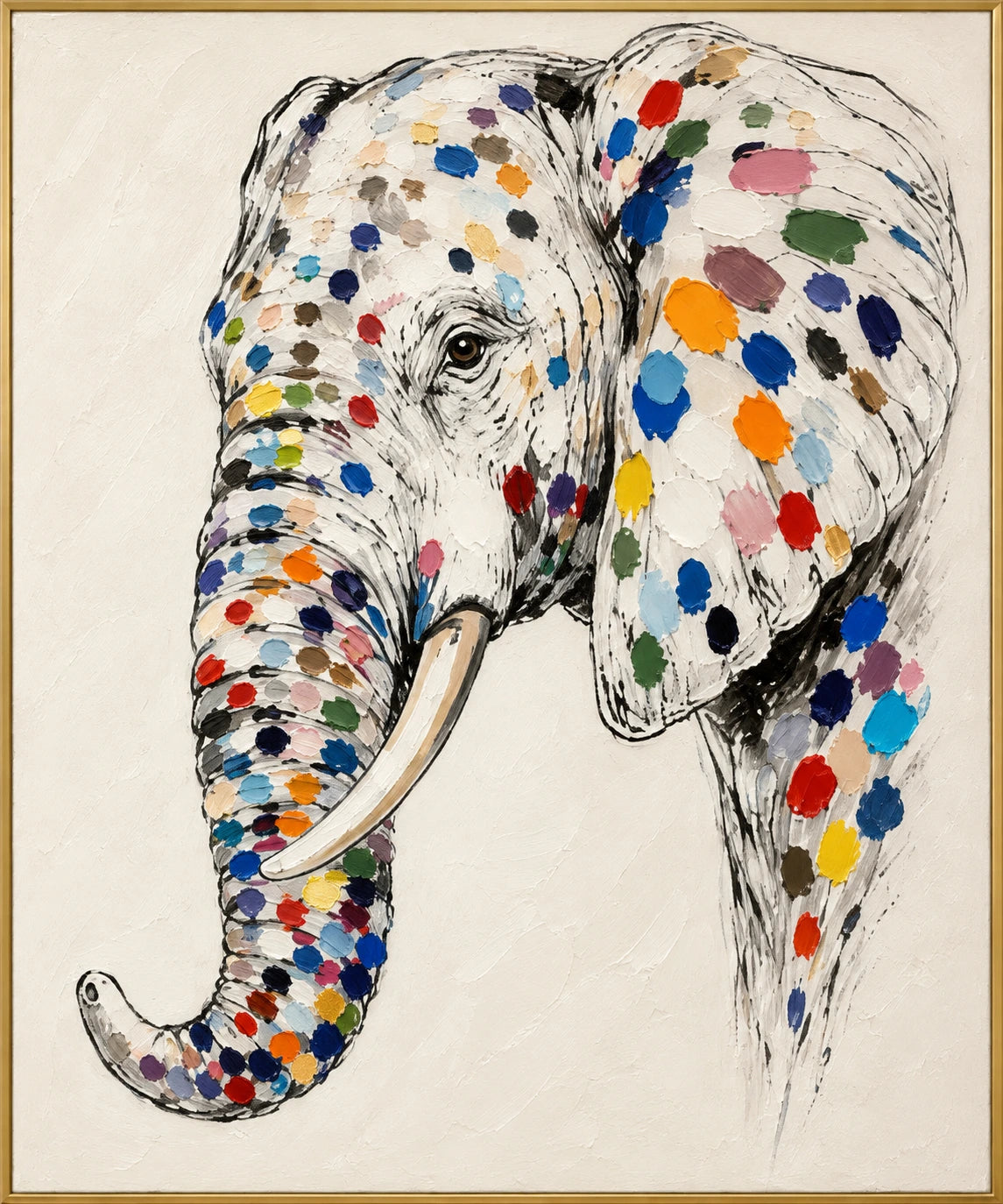 Ivory Memory | Hand-Painted Wildlife Oil Painting | Complete artwork front view with narrow champagne gold fine frame