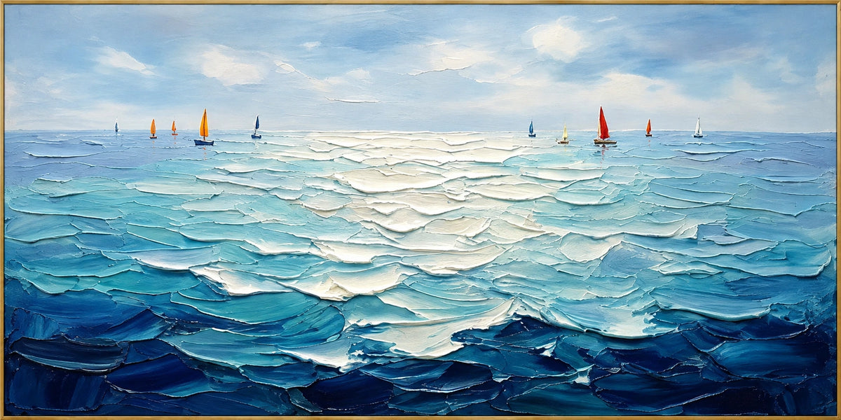 Blue Sails | Hand-Painted Seascape Oil Painting | Complete artwork front view with narrow champagne gold fine frame