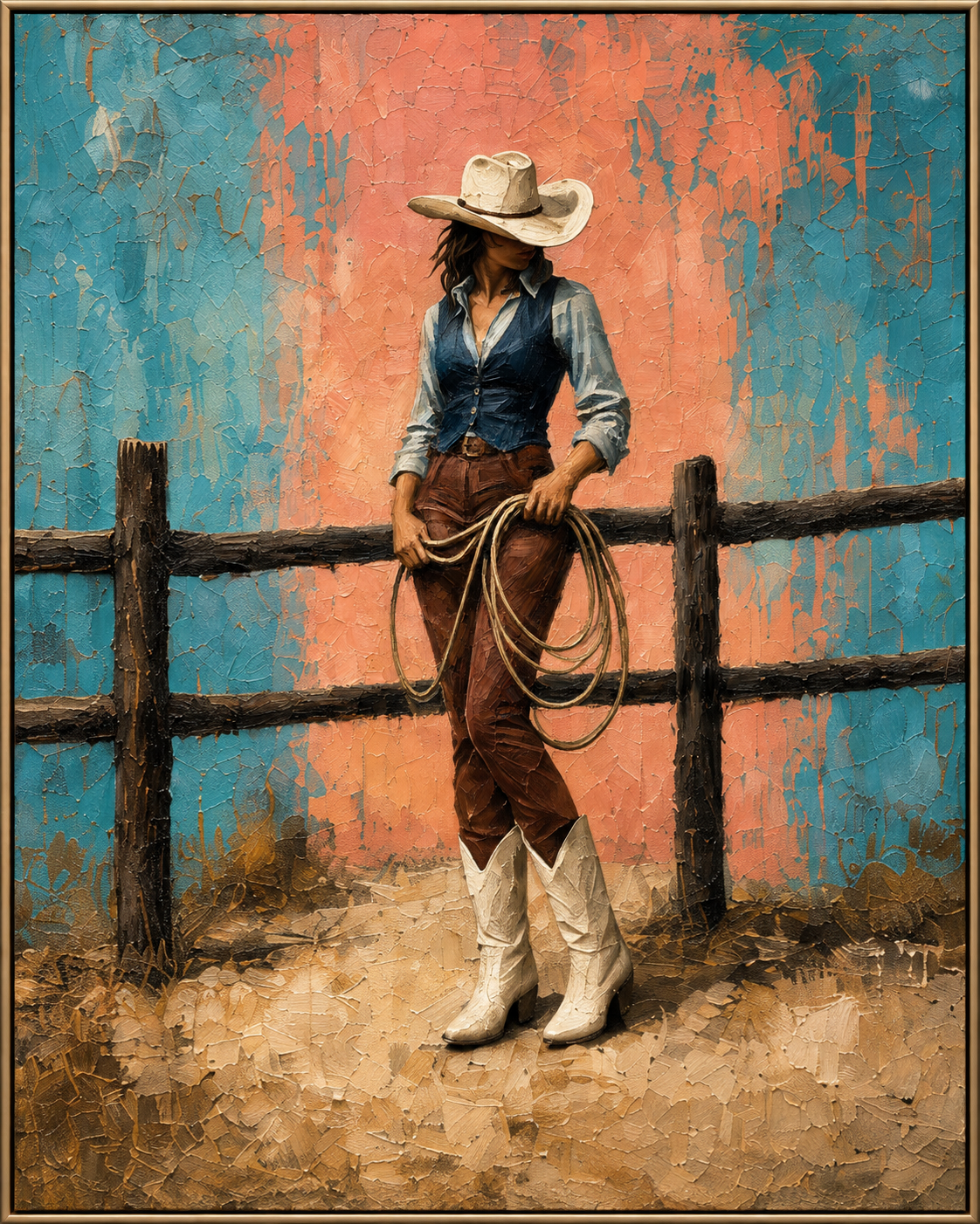 Dark Rail | Hand-Painted Cowgirl at Fence Oil Painting | Complete painting, narrow champagne bronze-gold frame, front view