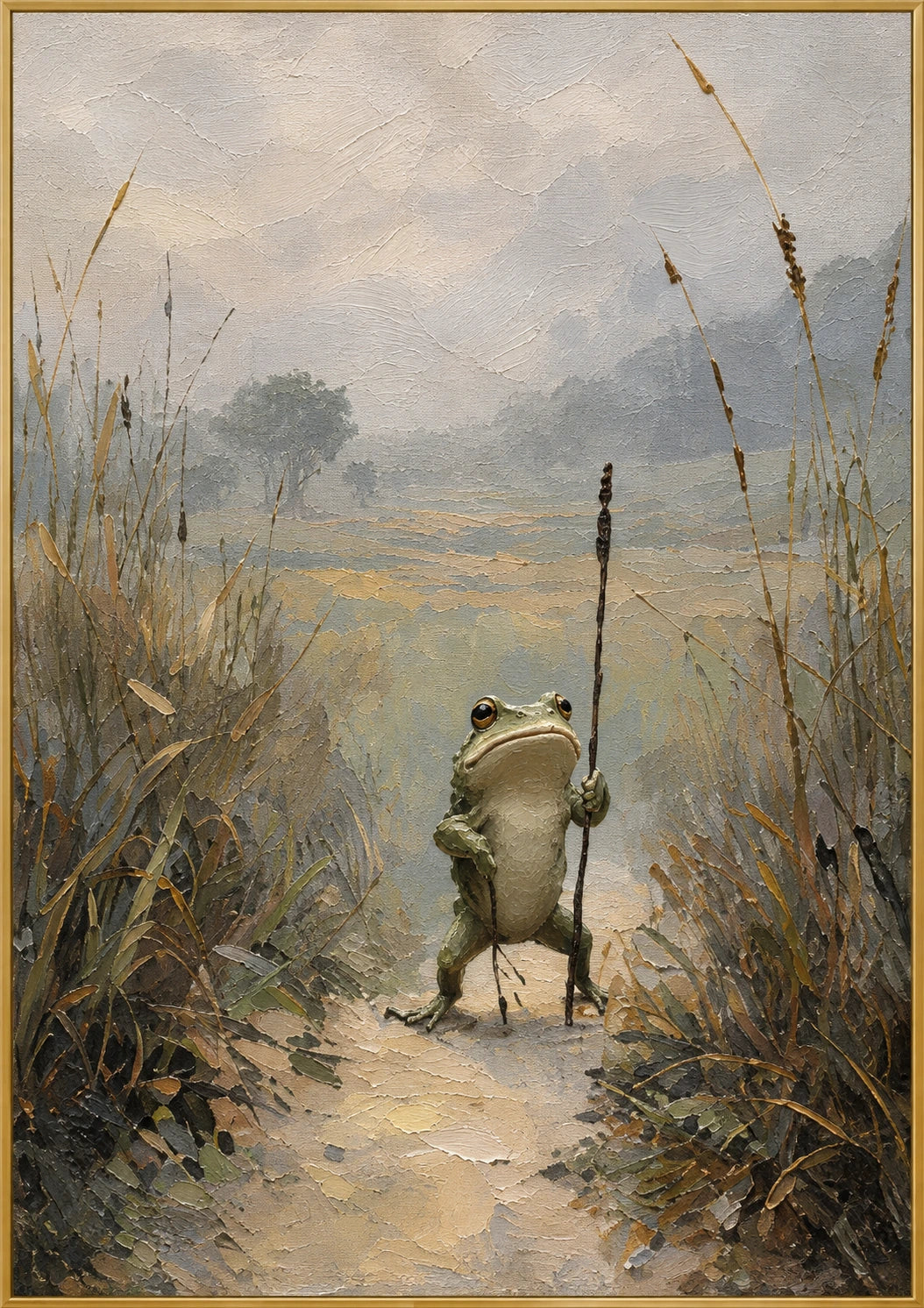 Little Wanderer | Hand-Painted Animal Oil Painting | Complete artwork front view with narrow champagne gold fine frame