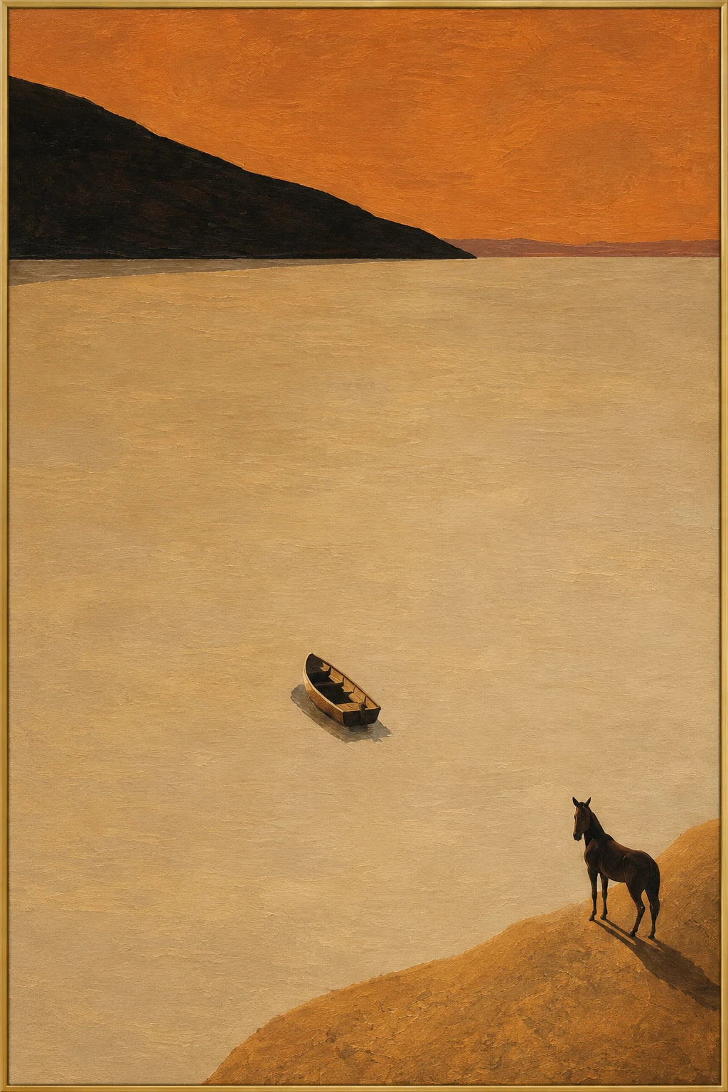 Still Passage | Hand-Painted Horse and Boat Oil Painting | Complete artwork front view with narrow champagne gold fine frame