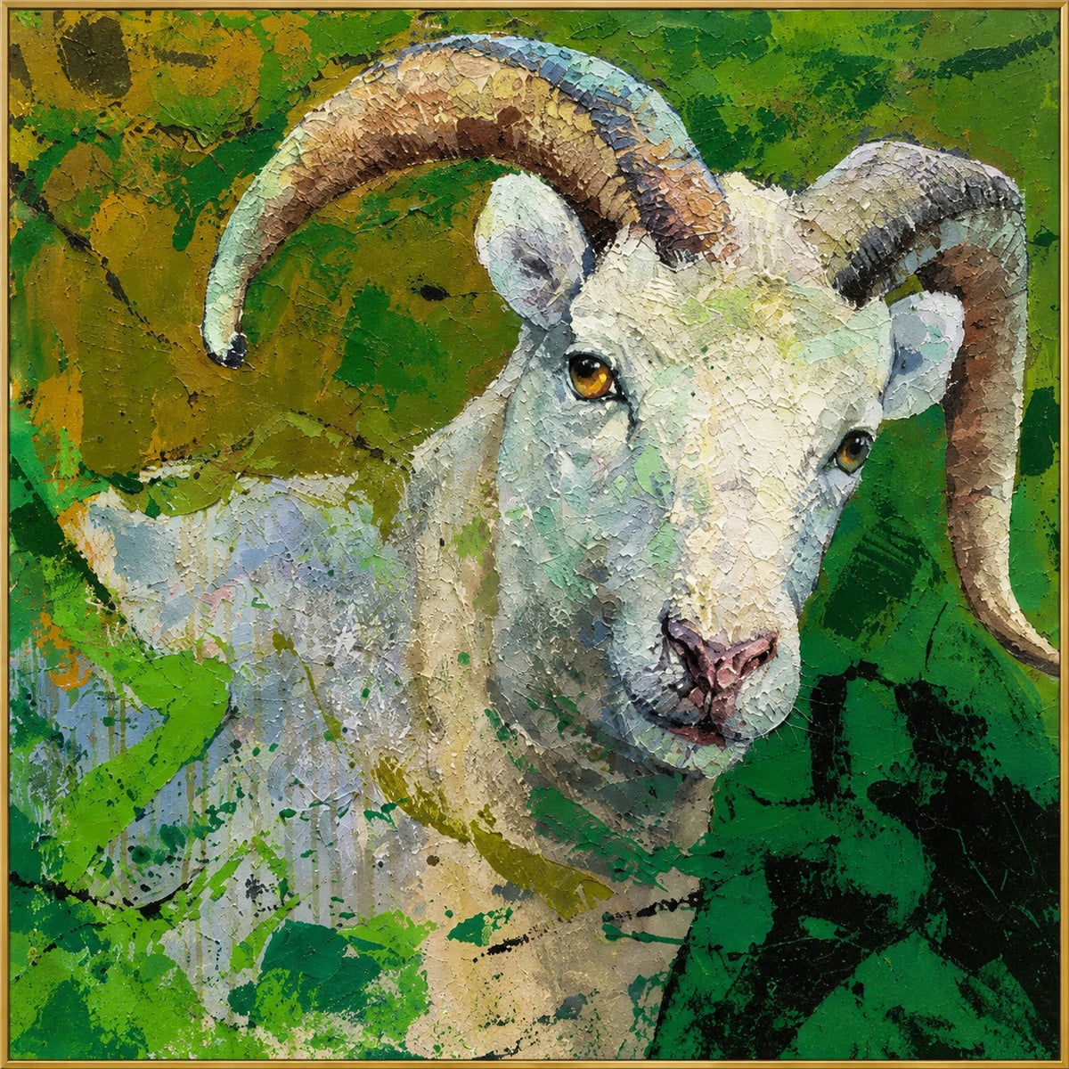 Meadow Ram | Hand-Painted Animal Oil Painting | Complete artwork front view with narrow champagne gold fine frame