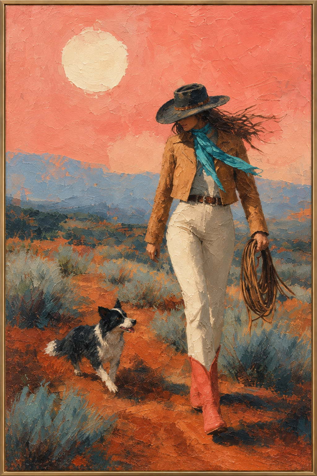 At Her Feet | Hand-Painted Cowgirl and Dog Oil Painting | Complete painting, narrow champagne bronze-gold frame, front view