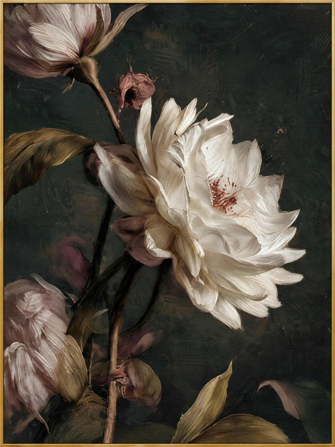 Midnight Bloom | Hand-Painted Floral Oil Painting | Complete artwork front view with narrow champagne gold fine frame