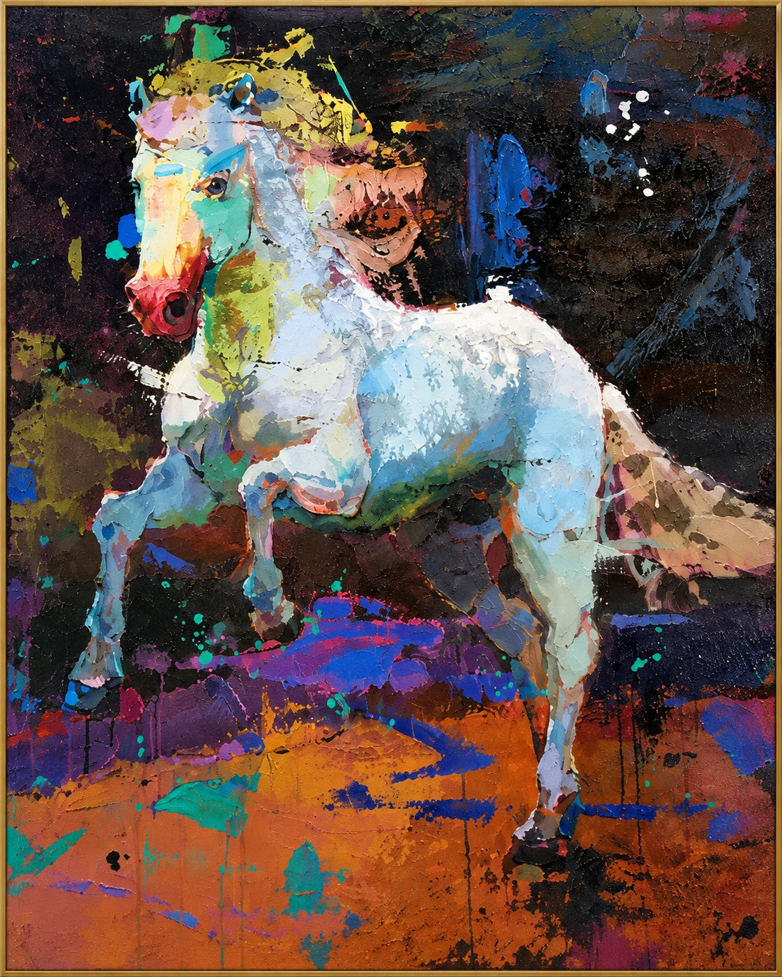 Untamed Color | Hand-Painted Horse Oil Painting | Complete artwork front view with narrow champagne gold fine frame