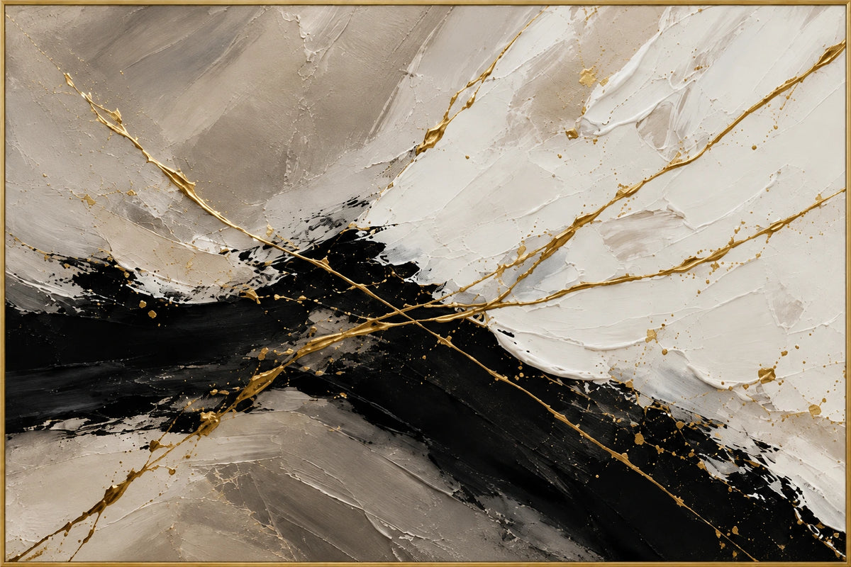 Gold over Charcoal | Hand-Painted Abstract Oil Painting | Complete artwork front view with narrow champagne gold fine frame
