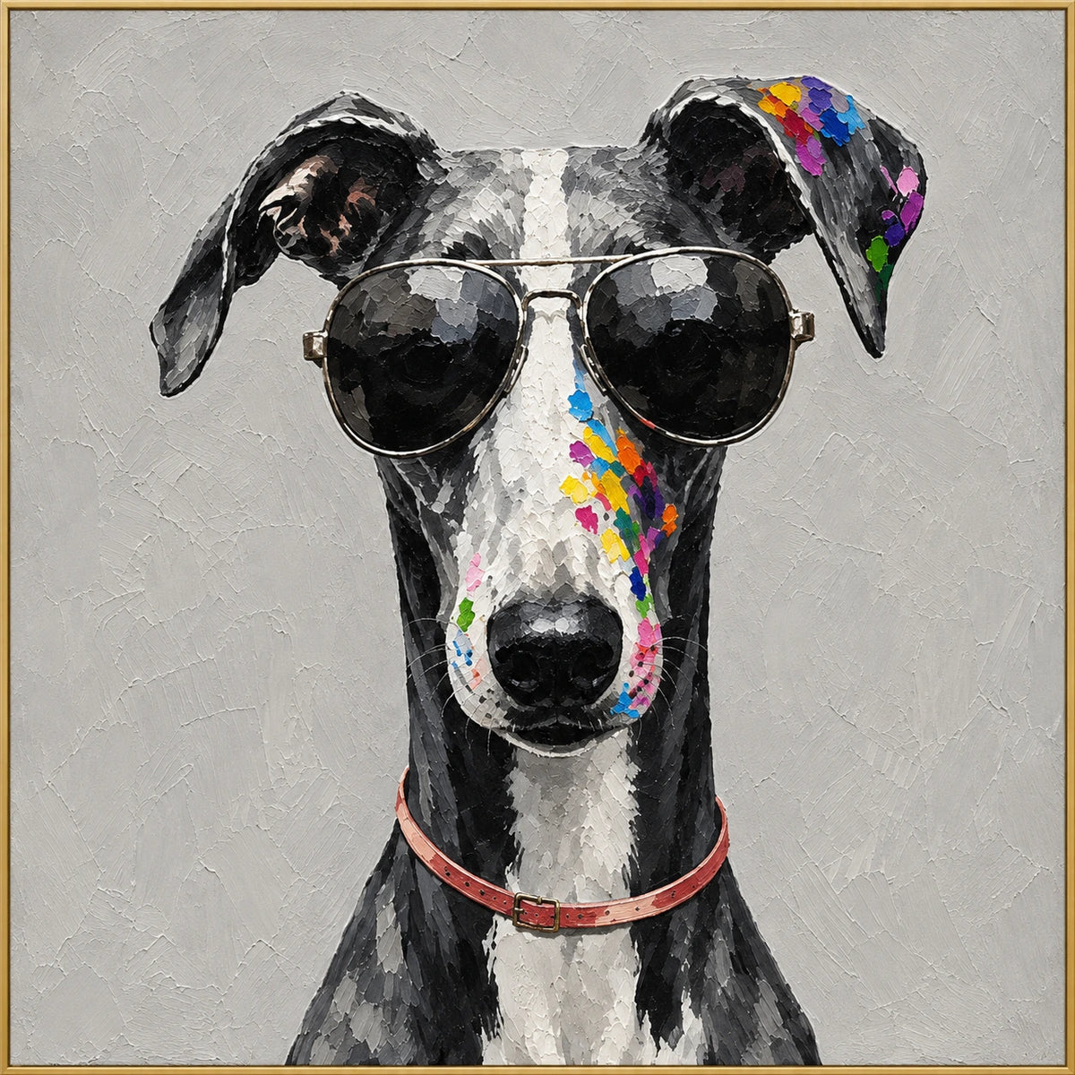 Midnight Shades | Hand-Painted Pet Portrait Oil Painting | Complete artwork front view with narrow champagne gold fine frame